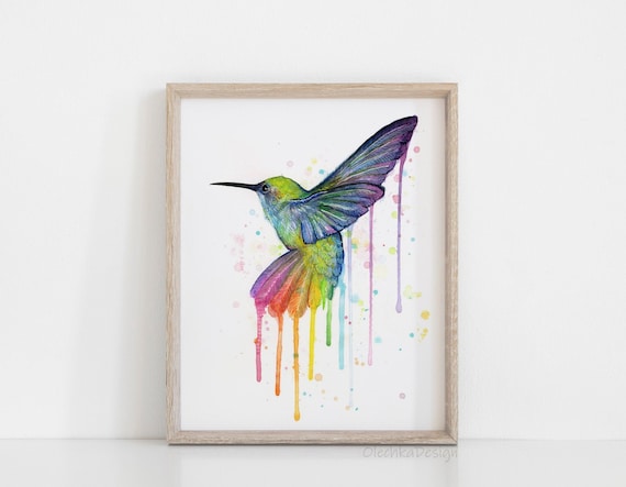 ハチドリと花のアクリル画 Hummingbird 原画　アート Hummingbird Print, Hummingbird Wall Art, Rainbow Hummingbird