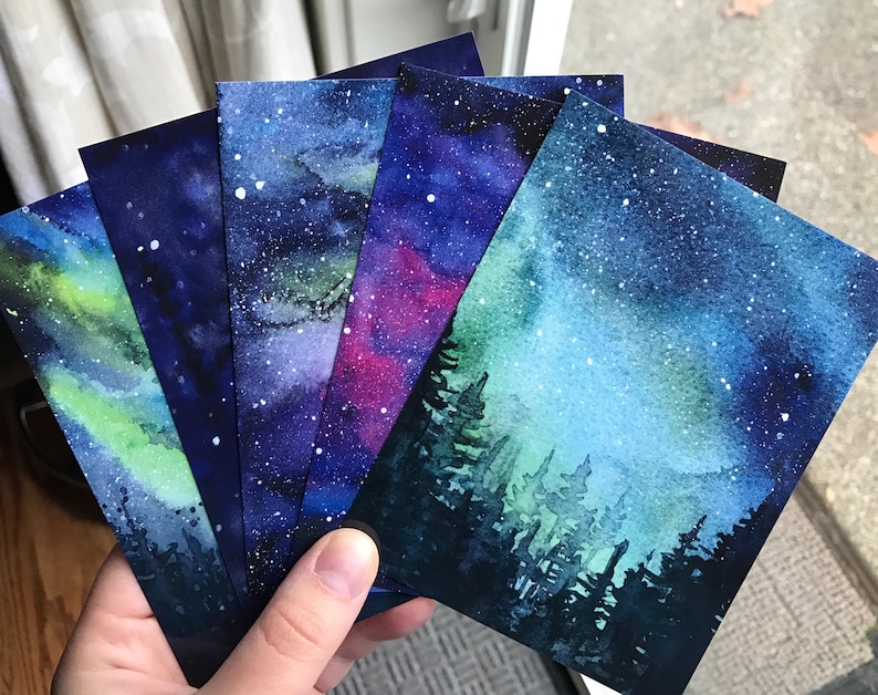 Galaxy Watercolor Postcards Set of 5 Nebula Art Aurora Northern Lights Painting Art Postcards Colorful Cards Space Stars Sky Prints image 1