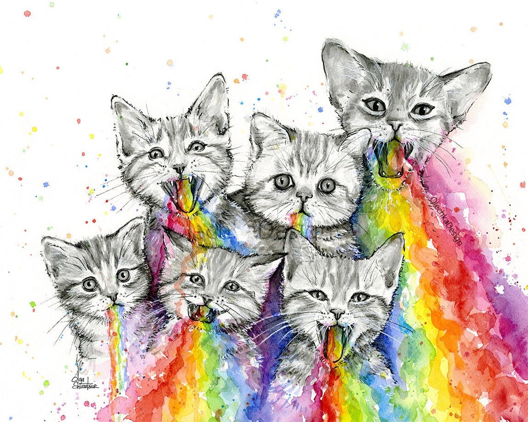 Rainbow Puke Kittens Watercolor Giclee Art Print - Etsy