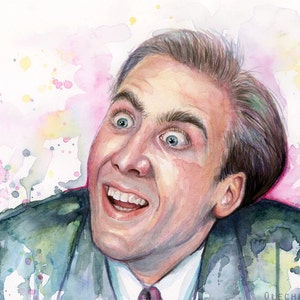 May include: Watercolor painting of a man with a surprised expression. He has brown hair, blue eyes, and is wearing a dark green jacket and a white shirt with a red tie. The background is a light pink with yellow and blue watercolor splatters.