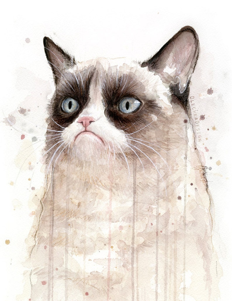 May include: A watercolor painting of a grumpy cat with blue eyes and a white and brown coat. The cat is looking to the left and has a serious expression. The background is a light brown with white splatters of paint.