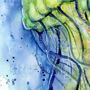 May include: Watercolor painting of a jellyfish with a green and blue color scheme. The jellyfish is depicted with long, flowing tentacles.