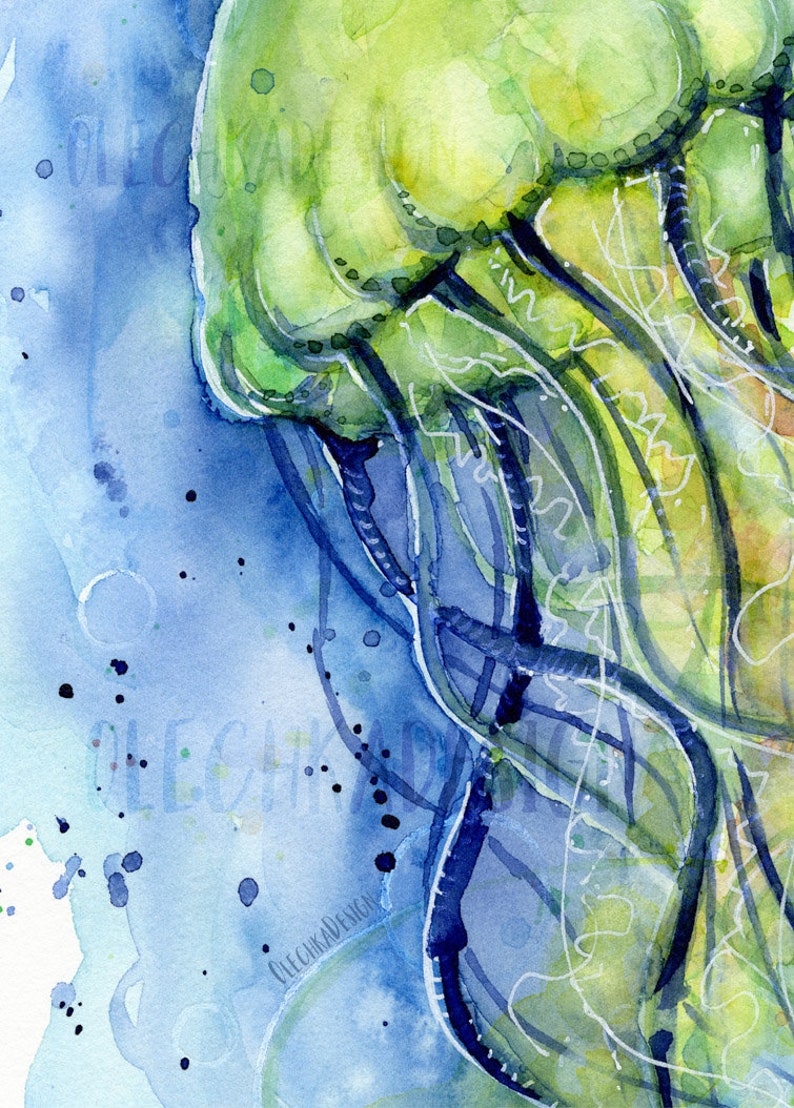 May include: Watercolor painting of a jellyfish with a green and blue color scheme. The jellyfish is depicted with long, flowing tentacles.