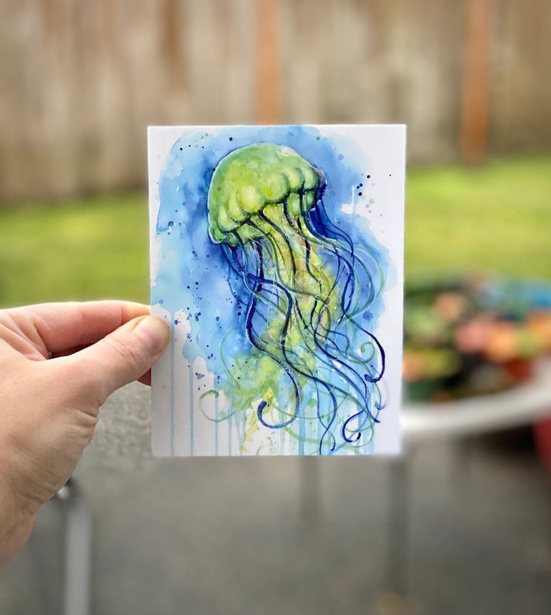 Jellyfish Watercolor Painting Postcards, Sea Creature Art Set image 1