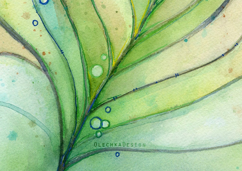 May include: Abstract watercolor painting of a green leaf with blue and yellow accents. The leaf is painted in a layered style, with the veins and edges of the leaf visible. The painting is signed "OLECHKADESIGN" in the lower right corner.