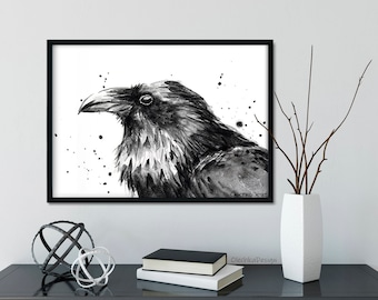 Raven Watercolor Art Print, Black Bird Home Decor