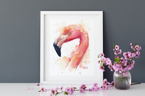 フラミンゴの水彩画、フラミンゴのアートプリント、ピンクの鳥