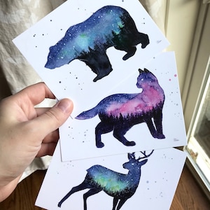 Postkarten, Galaxie Tiere, Galaxie Wald, Katze, Bär, Rentier, Postkarten Set, Galaxy Karten, Galaxy Geschenke, Weltraum Geschenk, Aquarell Kunst, 3 Karten