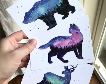 Postcards, Galaxy Animals, Galaxy Forest, Cat, Bear, Reindeer, Postcard Set, Galaxy Cards, Galaxy Gifts, Space Gift, Watercolor Art, 3 Cards