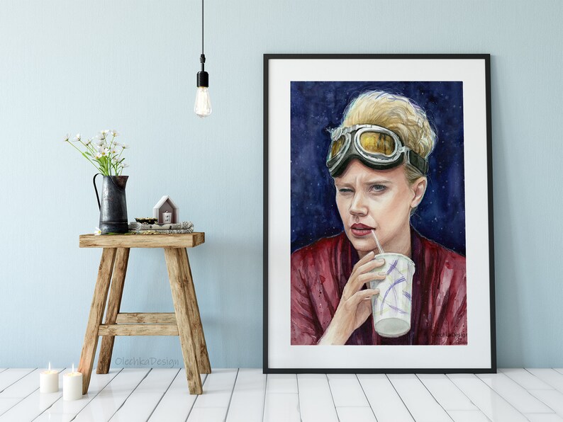 May include: Watercolor painting of a woman wearing aviator goggles and a red shirt, holding a cup with a straw. The background is a dark blue with white stars.