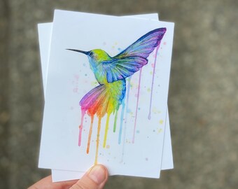 Postcards, Hummingbird Postcards, Hummingbird Cards, Animal Watercolor, Rainbow Postcards, Watercolor Painting, Whimsical Animal Postcards