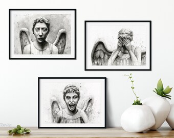 Weeping Angels Art Print, Weeping Angels, Sci-fi Art, Doctor Who Print, Don't Blink Art, Watercolor Angels, Scary Angel, Art Prints Set of 3