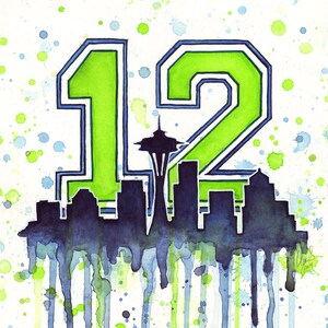 May include: Watercolor painting of the number 12 in green with a blue outline. The number is over a silhouette of the Seattle skyline, including the Space Needle. The background is white with green and blue watercolor splatters.