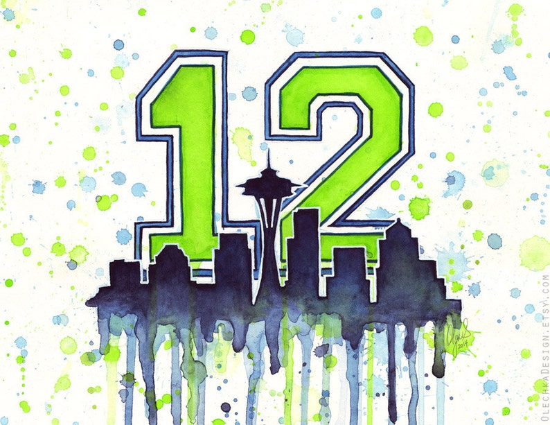 May include: Watercolor painting of the number 12 in green with a blue outline. The number is over a silhouette of the Seattle skyline, including the Space Needle. The background is white with green and blue watercolor splatters.