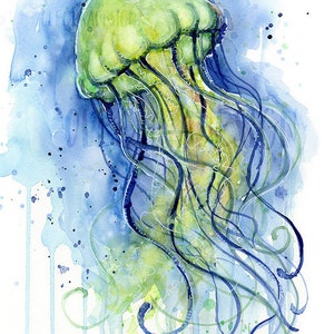 May include: Watercolor painting of a green jellyfish with long blue tentacles against a blue background with white splatters.