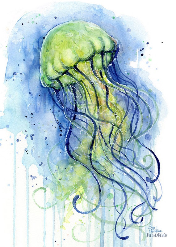 クラゲのアートプリント、クラゲの水彩画、クラゲの絵画、海の