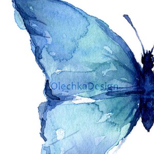 May include: A watercolor painting of a blue butterfly with its wings spread out. The butterfly is painted in shades of blue and green, with a darker blue body.