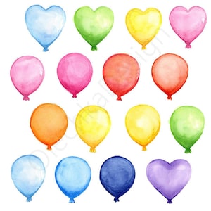 May include: A collection of 15 watercolour painted balloons in various colours, including blue, green, yellow, pink, red, orange, and purple. The balloons are in the shape of a heart and a circle.