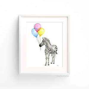May include: A watercolor painting of a zebra with three balloons. The balloons are blue, yellow, and pink. The zebra is black and white and is looking at the balloons.