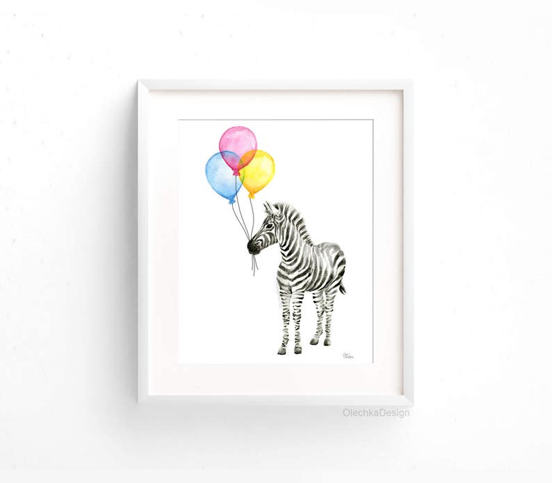 May include: A watercolor painting of a zebra with three balloons. The balloons are blue, yellow, and pink. The zebra is black and white and is looking at the balloons.
