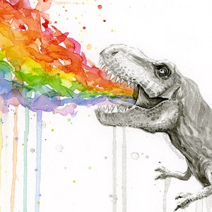 May include: Watercolor painting of a gray dinosaur with its mouth open, breathing out a rainbow. The background is white with watercolor splatters.