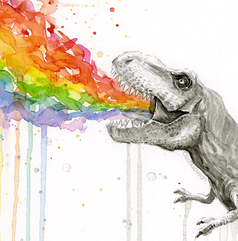 May include: Watercolor painting of a gray dinosaur with its mouth open, breathing out a rainbow. The background is white with watercolor splatters.