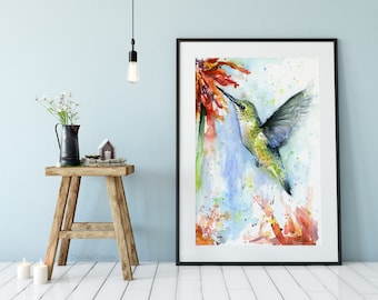 Hummingbird Watercolor, Hummingbird Art, Bird Wall Art, Colorful Bird, Wildlife, Hummingbird Print, Hummingbird Gift, Atmospheric Painting