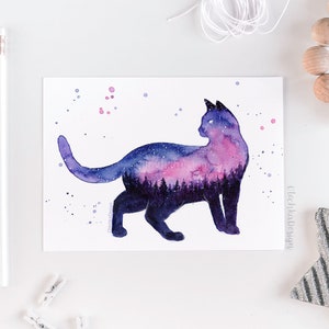 May include: Watercolor painting of a black cat silhouette with a galaxy inside. The galaxy is a mix of purple, pink, and blue colors with white stars. The cat is looking to the right.
