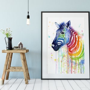 May include: A watercolor painting of a zebra with a rainbow pattern. The zebra's head and neck are visible, and the background is white with colorful watercolor splatters.