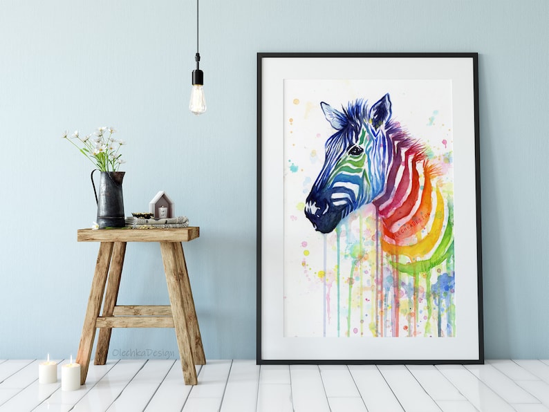 May include: A watercolor painting of a zebra with a rainbow pattern. The zebra's head and neck are visible, and the background is white with colorful watercolor splatters.