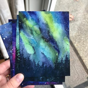 Galaxy Watercolor Postcards Set of 5 Nebula Art Aurora Northern Lights Painting Art Postcards Colorful Cards Space Stars Sky Prints image 3