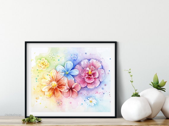 花のウォールアート、花の水彩画、虹色の花、花の装飾、花のアート