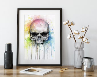 Rainbow Skull Watercolor Art Print, Colorful Skull Painting
