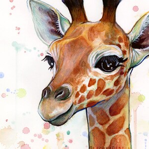 May include: A watercolor painting of a giraffe's head with large, dark eyes and a light brown and tan patterned coat. The background is white with colorful watercolor splatters.