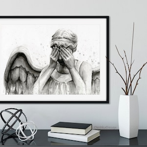 Weeping Angel Art, Angel Print, Doctor Who Art Print, Doctor Who Wall Art, Don't Blink Sci-Fi Decor, Scary Angel Painting, Crying Angel image 2