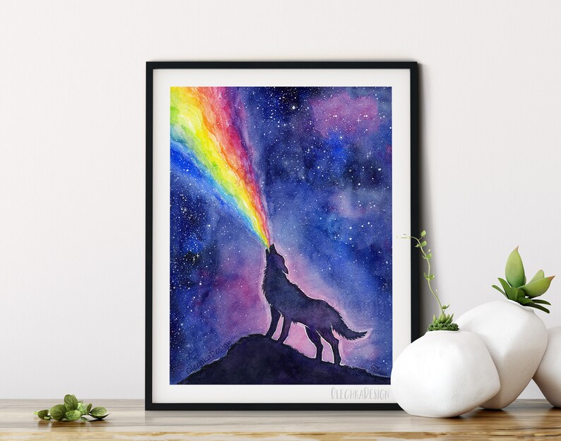 May include: Watercolor painting of a wolf howling at the moon, with a rainbow emanating from its mouth. The background is a dark blue sky with stars.