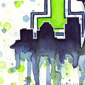 May include: Abstract watercolor painting of a city skyline in shades of blue and green with white splatter paint accents.