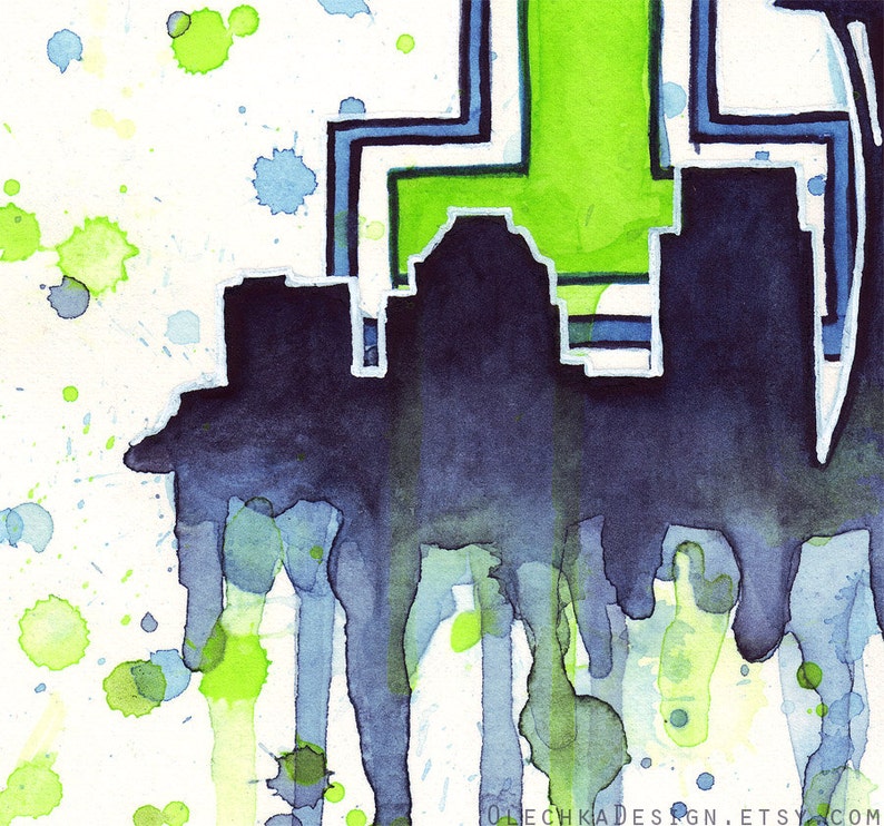 May include: Abstract watercolor painting of a city skyline in shades of blue and green with white splatter paint accents.