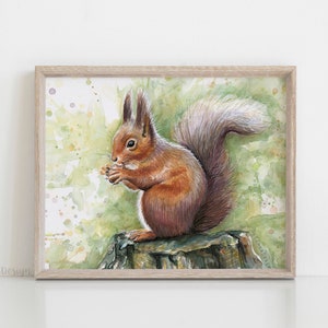 May include: A watercolor painting of a red squirrel sitting on a tree stump, eating a nut. The squirrel is brown and white with a bushy tail. The background is a green and yellow watercolor wash with white splatters.