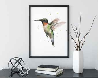 Hummingbird Watercolor Art Print Ruby-Throated Hummingbird Painting, Hummingbird Art, Hummingbird Print, Animal Painting, Illustration