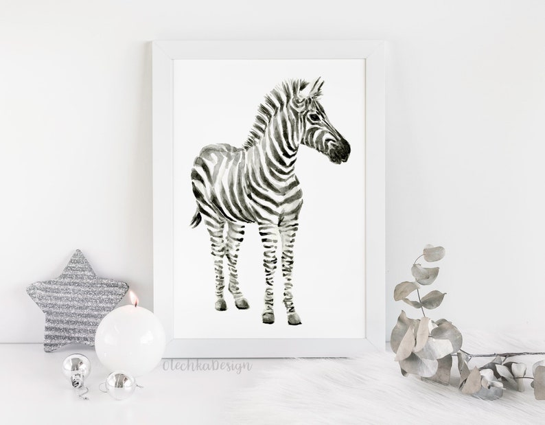 May include: Black and white watercolor illustration of a zebra standing on a white background. The zebra is facing to the right and has a striped pattern.