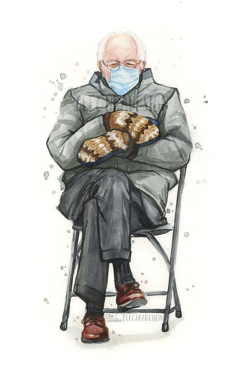 May include: A watercolor painting of a person wearing a gray jacket, a blue face mask, and brown and white mittens. The person is sitting on a black folding chair. The background is white with gray and white watercolor splatters.