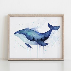 May include: A watercolor painting of a blue whale with a forest inside its body. The whale is swimming in a starry sky with blue and green watercolor splatters.