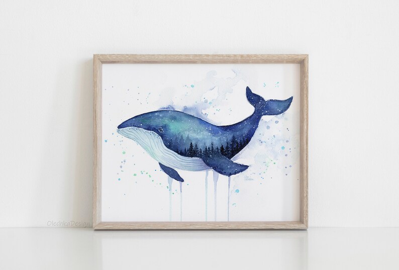 May include: A watercolor painting of a blue whale with a forest inside its body. The whale is swimming in a starry sky with blue and green watercolor splatters.