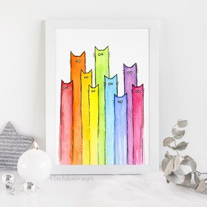 May include: A watercolor painting of a rainbow of cats. The cats are all standing on their hind legs and are arranged in a rainbow pattern. The colors of the cats are red, orange, yellow, green, blue, indigo, and violet.