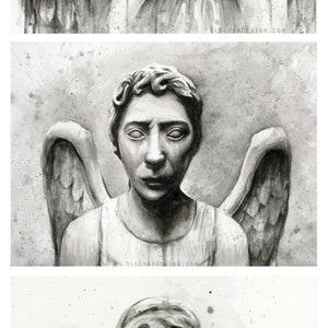 K&ouml;nnte beinhalten: Drei Schwarzwei&szlig;-Aquarelle von Weeping Angels aus der Fernsehserie Doctor Who. Der erste Engel hat seine H&auml;nde vor seinen Augen, der zweite Engel hat seine Augen offen und der dritte Engel hat seinen Mund in einem Schrei ge&ouml;ffnet.