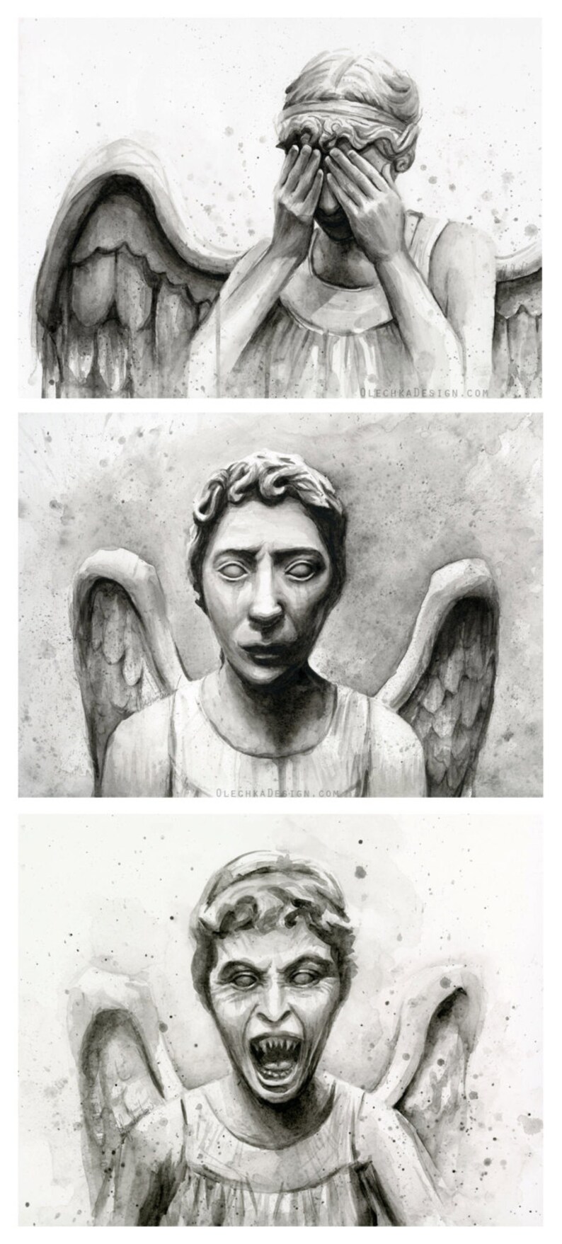 K&ouml;nnte beinhalten: Drei Schwarzwei&szlig;-Aquarelle von Weeping Angels aus der Fernsehserie Doctor Who. Der erste Engel hat seine H&auml;nde vor seinen Augen, der zweite Engel hat seine Augen offen und der dritte Engel hat seinen Mund in einem Schrei ge&ouml;ffnet.
