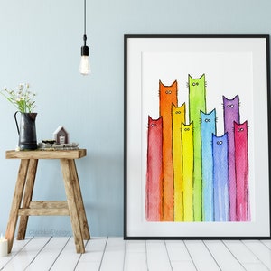 May include: Watercolor painting of a rainbow of cats. The cats are all standing in a row, with their heads facing forward. The colors of the cats are red, orange, yellow, green, blue, indigo, and violet.