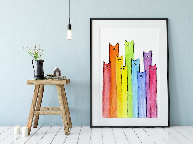 May include: Watercolor painting of a rainbow of cats. The cats are all standing in a row, with their heads facing forward. The colors of the cats are red, orange, yellow, green, blue, indigo, and violet.
