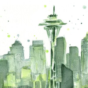 May include: A watercolor painting of the Seattle skyline, featuring the Space Needle and other buildings in shades of green. The painting has a light, airy feel and is perfect for adding a touch of whimsy to any room.